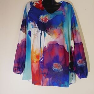 SHEIN Blue Purple Multi-Color Floral V-Neck Tunic